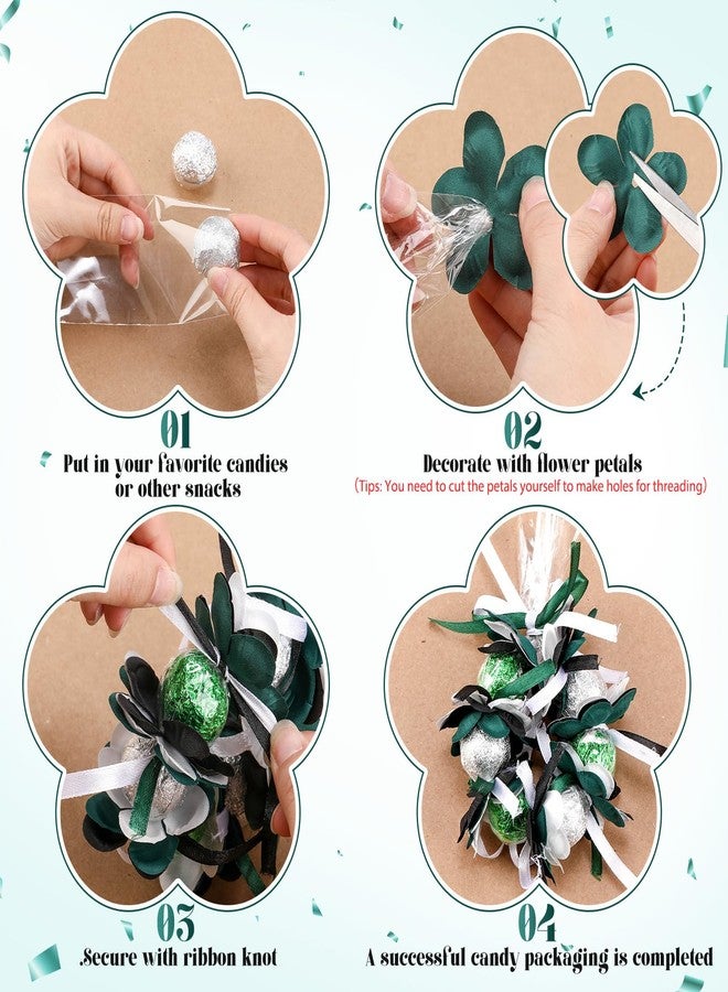 Yexiya 50 Sets Graduation Candy Lei Making Kit 23 Inch Transparent Plastic Cellophane Bags, Including 150 Tricolor Petals and 3 Rolls Ribbon Congrats Grad Candy Wreath Gift for Party(Dark Green) - Image 3